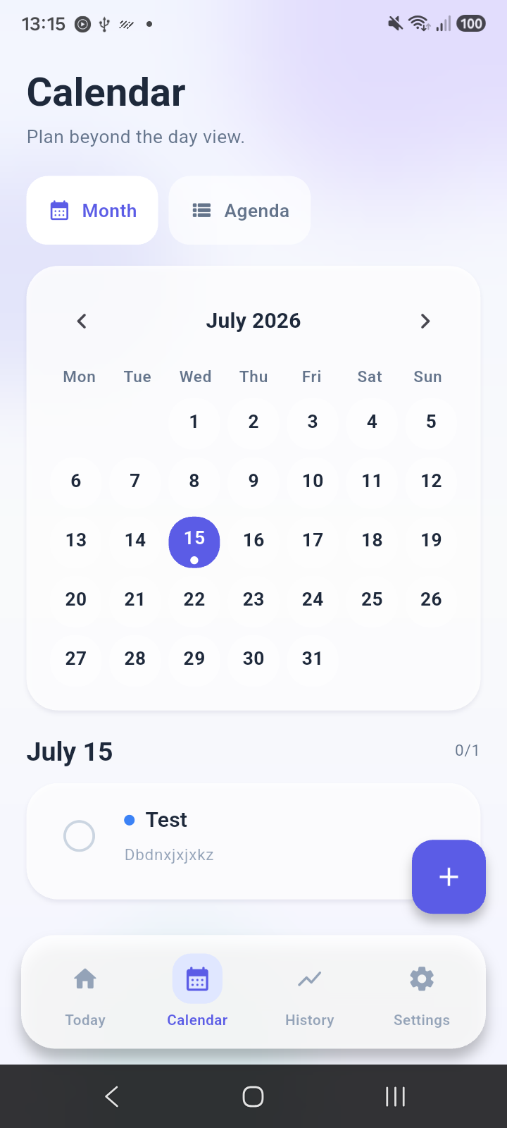 Pure Planner calendar screen