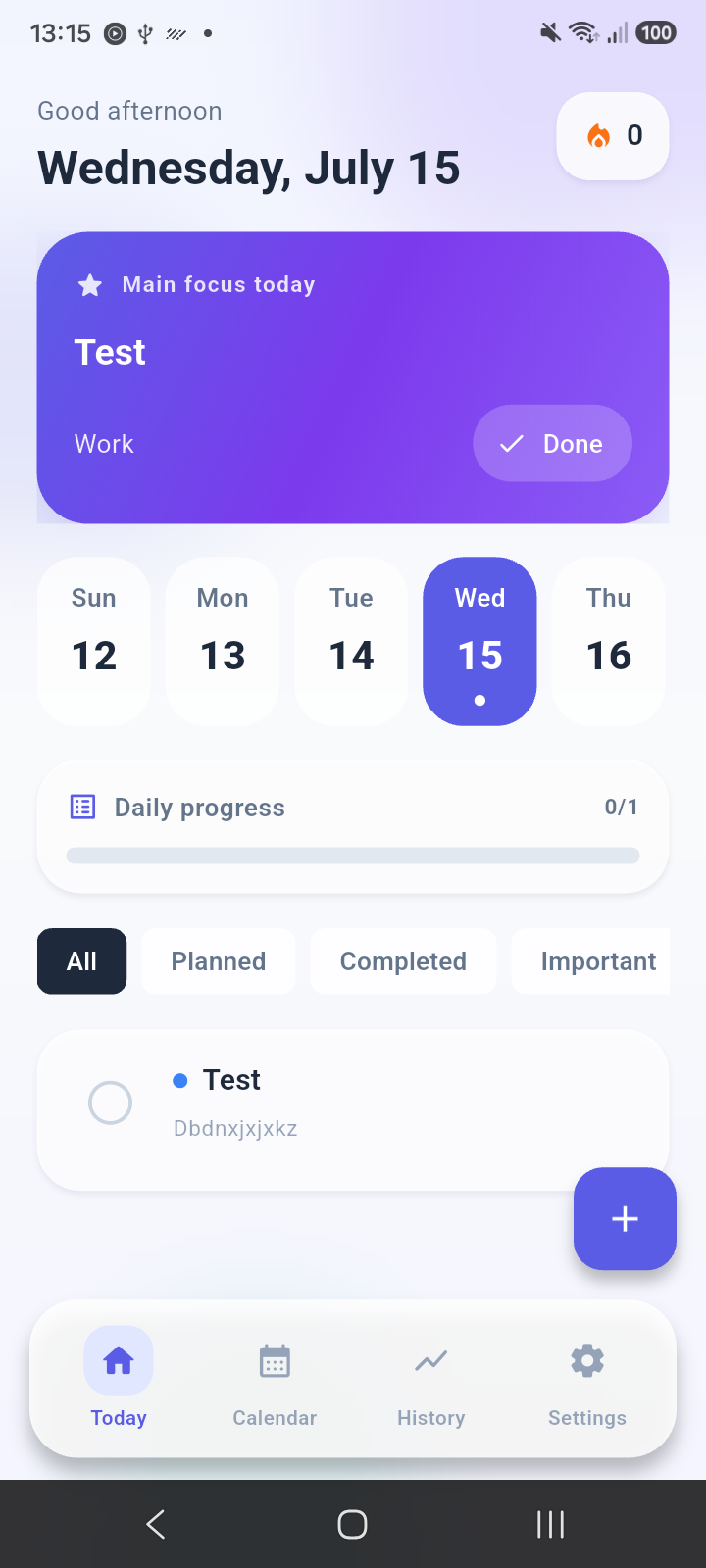 Pure Planner today screen